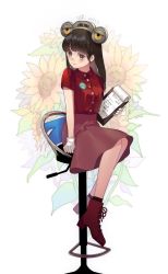 Rule 34 | 1girl, black eyes, boots, brown hair, clipboard, collared shirt, flower, fumiko (yayayale23), hair behind ear, headband, high heel boots, high heels, holding, holding clipboard, long hair, looking to the side, outa yuka, red footwear, red shirt, red skirt, sevenger, shirt, shirt tucked in, sitting, skirt, smile, solo, sunflower, ultra series, ultraman z (series)