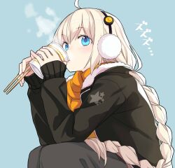 Rule 34 | 1girl, ahoge, black dress, black jacket, blue background, blue eyes, braid, chopsticks, commentary request, dress, drinking, earmuffs, feet out of frame, food, from side, fur-trimmed jacket, fur trim, holding, holding chopsticks, holding food, jacket, kizuna akari, light blush, long hair, long sleeves, looking at viewer, looking to the side, nissin cup noodle, open clothes, open jacket, orange scarf, scarf, simple background, solo, sound effects, squatting, steam, toromera, translation request, twin braids, very long hair, voiceroid, white hair