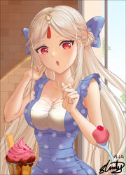 Rule 34 | 1girl, :o, alternate costume, alternate hairstyle, bare shoulders, blue bow, blue dress, blue sky, blush, bow, breasts, brick wall, cleavage, collarbone, commentary request, cup, day, dress, drinking glass, food, genshin impact, hair bow, hair ornament, highres, ice cream, indoors, large breasts, long hair, looking at viewer, medium breasts, ningguang (genshin impact), polka dot, polka dot bow, polka dot dress, pov, pov hands, red eyes, signature, silver hair, sky, sleeveless, sleeveless dress, slinly, solo focus, spoon, sundae, tassel, upper body, very long hair, window
