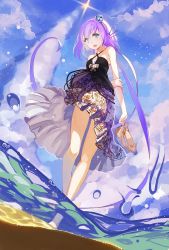 Rule 34 | 1girl, aoki lapis, arms behind back, bare shoulders, barefoot, blue eyes, cloud, day, dress, dutch angle, from below, hair ornament, highres, holding, holding own arm, holding shoes, legs, lia-sama, long hair, looking at viewer, open mouth, partially submerged, partially underwater shot, print dress, purple eyes, purple hair, shoes, unworn shoes, sky, smile, solo, tourmaline, twintails, underwater, very long hair, vocaloid, wading, water, water drop