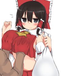Rule 34 | 1girl, ascot, bag, black eyes, black hair, blush, bow, grabbing another&#039;s breast, breasts, closed mouth, commentary request, cowboy shot, dark-skinned male, dark skin, flying sweatdrops, golgi hon, grabbing, hair between eyes, hair bow, hair tubes, hakurei reimu, hand up, highres, holding, holding bag, large breasts, long sleeves, midriff, navel, red bow, short hair, sideboob, sidelocks, simple background, solo focus, stomach, sweat, touhou, underboob, white background, wide sleeves