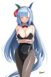 Rule 34 | 1girl, a.nori, absurdres, alternate costume, animal ears, arms under breasts, artist name, bare shoulders, black hair, black pantyhose, blue hair, blush, braid, breasts, cleavage, closed eyes, commentary request, cowboy shot, crown braid, ear ornament, embarrassed, highleg, highleg leotard, highres, horse ears, horse girl, horse tail, large breasts, leotard, long hair, mejiro ardan (umamusume), nontraditional playboy bunny, open mouth, pantyhose, simple background, smile, solo, spoken blush, tail, umamusume, very long hair, white background, wrist cuffs