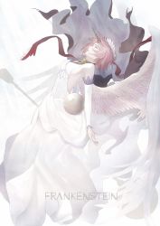 Rule 34 | 1girl, absurdres, angel wings, arched back, backless dress, backless outfit, bare shoulders, breasts, character name, commentary request, detached sleeves, dress, closed eyes, fate/grand order, fate (series), feathered wings, frankenstein&#039;s monster (fate), highres, horns, long sleeves, marumoru, medium breasts, parted lips, pink hair, red ribbon, ribbon, short hair, single horn, sleeveless, sleeveless dress, solo, veil, white dress, white sleeves, white wings, wings