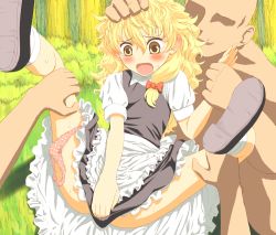 Rule 34 | 1girl, 2boys, arm grab, ass, blonde hair, blush, clothed female nude male, dress, dress tug, embarrassed, faceless, faceless male, flat chest, forest, grass, group sex, hair ornament, hair ribbon, hand on another&#039;s head, imminent rape, kirisame marisa, leg grab, long hair, multiple boys, nature, nude, open mouth, outdoors, panties, panties around leg, pink panties, polka dot, polka dot panties, rape, red ribbon, restrained, ribbon, screaming, shoes, socks, spread legs, sweat, tears, thighs, touhou, tree, underwear, yamija, yellow eyes