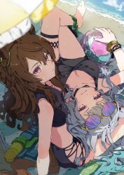 2girls absurdres animal_ears ball bangle beach beachball black_one-piece_swimsuit blurry blurry_foreground bracelet breasts brown_hair cleavage ear_ornament gold_ship_(run_revolt_launcher)_(umamusume) gold_ship_(umamusume) grey_hair hair_between_eyes half_up_braid highres holding holding_ball holding_beachball horse_ears horse_girl horse_tail jewelry komeko97 long_hair looking_at_viewer lying multiple_girls nakayama_festa_(entrust_myself_to_the_dice)_(umamusume) nakayama_festa_(umamusume) official_alternate_costume official_alternate_hairstyle on_back one-piece_swimsuit outdoors parasol pink_hair purple_eyes seaweed sitting swimsuit tail thigh_strap umamusume umbrella water_gun wavy_hair wet