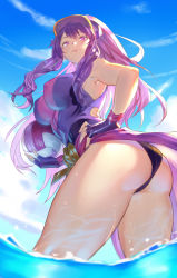 Rule 34 | 1girl, ass, ball, bare shoulders, blue sky, cloud, covered erect nipples, fingernails, gloves, hand on own hip, hat, highres, hikarusorano, holding, holding ball, league of legends, long hair, looking down, outdoors, partially submerged, ponytail, purple eyes, purple gloves, purple hair, sky, smile, solo, swimsuit, syndra, volleyball, volleyball (object), water, wet