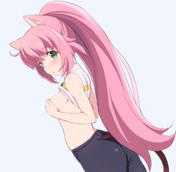 Rule 34 | 10s, 1girl, animal ears, ass, bike shorts, breasts, cat ears, cat tail, chisato (missing park), clothes lift, clothing cutout, covering privates, covering breasts, from behind, green eyes, gundam, gundam build divers, lifting own clothes, long hair, looking back, nipples, pink hair, ponytail, shirt, shirt lift, shorts, sleeveless, sleeveless shirt, small breasts, solo, tail, tail through clothes, white shirt, yashiro momoka