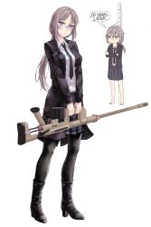 Rule 34 | 1girl, absurdres, age comparison, aged up, barefoot, black footwear, black jacket, black necktie, black pantyhose, bolt action, boots, cheytac m200, collared shirt, commentary, english commentary, full body, girls&#039; frontline, grey hair, gun, high heel boots, high heels, highres, holding, holding gun, holding weapon, jacket, long hair, looking at viewer, m200 (girls&#039; frontline), necktie, open clothes, open jacket, pantyhose, pleated skirt, ponytail, purple eyes, rifle, shirt, sidelocks, skirt, sniper rifle, speech bubble, stadiometer, user zzhx5244, weapon, white background, white shirt
