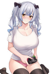 Rule 34 | 1girl, black thighhighs, blush, bow, breasts, cleavage, closed mouth, collarbone, commission, controller, game controller, hair bow, highres, kannko bokujou, large breasts, looking at viewer, original, panties, pink panties, shirt, short sleeves, sidelocks, silver hair, sitting, skeb commission, smile, thighhighs, thighs, twintails, underwear, wariza, white background, white shirt, yellow eyes