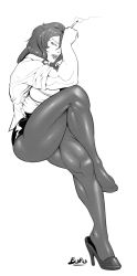 Rule 34 | 1girl, borrowed character, breasts, burustandin, cigarette, crossed legs, feet, female focus, greyscale, hair over one eye, high heels, highres, large breasts, lips, miniskirt, monochrome, muscular, muscular female, nose, open clothes, open shirt, original, pantyhose, shirt, shoe dangle, shoes, single shoe, sitting, skirt, sleeves rolled up, smoking, solo, thick thighs, thighs