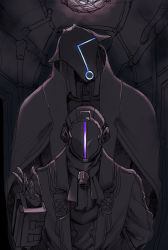 Rule 34 | 2boys, ascot, black coat, black gloves, bondrewd, coat, covered face, dark, gloves, glowing, head tilt, height difference, highres, hoshita (vbktyellow), made in abyss, mask, multiple boys, whistle