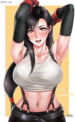 Rule 34 | 1girl, armpits, arms behind head, arms up, black hair, breasts, bright pupils, character name, commentary request, crop top, elbow gloves, final fantasy, final fantasy vii, gloves, highres, large breasts, long hair, looking at viewer, low-tied long hair, midriff, navel, open mouth, revision, sgk, smile, solo, suspenders, tifa lockhart, upper body, white pupils, yellow background