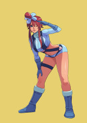 Rule 34 | 1girl, ;), absurdres, arm support, arm up, blue eyes, blue footwear, blue gloves, blue jacket, blue shorts, boots, cirenk, closed mouth, commission, creatures (company), crop top, cropped jacket, full body, game freak, gloves, gym leader, hair between eyes, hair ornament, hand to forehead, highres, jacket, leaning forward, lips, long hair, long sleeves, looking at viewer, midriff, navel, nintendo, one eye closed, pokemon, pokemon bw, pouch, red hair, short shorts, shorts, sidelocks, simple background, skyla (pokemon), smile, solo, standing, stomach, suspenders, thigh pouch, thigh strap, turtleneck, yellow background