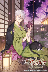 Rule 34 | 1boy, age of ishtaria, animal, animal on lap, black cape, black cat, book, book stack, cape, cat, cat on lap, cherry blossoms, copyright name, copyright notice, glasses, grey hair, japanese clothes, lantern, male focus, moriko06, night, official art, on lap, outdoors, petals, pince-nez, porch, reading, sitting, sleeping, solo, watermark, wide sleeves