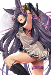 Rule 34 | 1girl, animal ears, armpits, bare shoulders, bell, black hair, blue sky, blush, breasts, dress, erune, fox ears, fox tail, from side, granblue fantasy, hair bell, hair ornament, highres, jingle bell, large breasts, long hair, looking at viewer, open mouth, purple eyes, short dress, simple background, sky, smile, solo, sword, tail, takanashi-a, thighs, very long hair, weapon, white background, white dress, yuel (granblue fantasy)