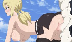 Rule 34 | 1boy, 1girl, absurdres, animal print, ass, blonde hair, bodysuit, breasts, brown eyes, cow print, doggystyle, fairy tail, hanging breasts, highres, huge ass, immortalking art, large breasts, lucy heartfilia, muscular, muscular male, sex, sex from behind, skirt, taurus (fairy tail), thick thighs, thighhighs, thighs, topless, uncensored, vaginal