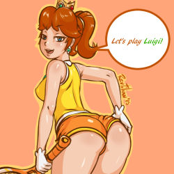 Rule 34 | 1girl, ass, blue eyes, brown hair, crown, earrings, from behind, gloves, jewelry, lips, looking at viewer, looking back, lowres, mario (series), nintendo, princess daisy, revtilian, simple background, solo, speech bubble, super mario bros. 1