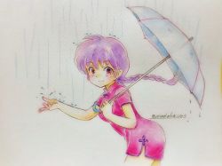 Rule 34 | 1girl, braid, braided ponytail, china dress, chinese clothes, closed mouth, colored pencil (medium), commentary, dress, genderswap, genderswap (mtf), holding, holding umbrella, leaning forward, long hair, looking at viewer, one-hour drawing challenge, outstretched arm, purple hair, q-bee (aaru), rain, ranma-chan, ranma 1/2, red dress, red eyes, saotome ranma, short dress, short sleeves, side slit, single braid, smile, solo, standing, texture, traditional media, twitter username, umbrella