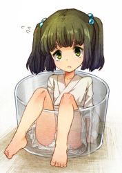 Rule 34 | 1girl, bad id, bad twitter id, barefoot, blunt bangs, feet, full body, glass, green eyes, green hair, hair bobbles, hair ornament, japanese clothes, kimono, kisume, long sleeves, looking at viewer, matching hair/eyes, mini person, minigirl, panties, pantyshot, short hair, simple background, sitting, solo, touhou, twintails, underwear, urin, white background, white panties
