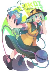 Rule 34 | 1girl, :d, alternate hair length, alternate hairstyle, anarogumaaa, antique phone, black footwear, blush, boots, bow, dutch angle, fingernails, from above, full body, green eyes, green hair, green skirt, hat, hat bow, heart, heart of string, holding, komeiji koishi, long hair, looking at viewer, matching hair/eyes, open mouth, outstretched arm, phone, rotary phone, short sleeves, skirt, smile, solo, stitches, talking on phone, teeth, third eye, touhou, yellow bow