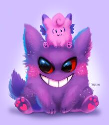 Rule 34 | black eyes, blush, blush stickers, clefable, colored sclera, creatures (company), eric proctor, full body, game freak, gen 1 pokemon, gengar, grin, nintendo, pawpads, pokemon, pokemon (creature), red sclera, sitting, smile, solo, wings
