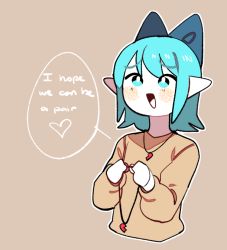 Rule 34 | 1girl, :d, alternate costume, aqua eyes, aqua hair, beige shirt, blue bow, blush, bow, bright pupils, broken heart, casual, cirno, contemporary, cropped torso, english text, eyes visible through hair, furrowed brow, hair bow, hands up, heart, heart necklace, holding, holding jewelry, holding necklace, jewelry, long sleeves, looking at viewer, necklace, no nose, open mouth, organs, organsoup, outline, pendant, pointy ears, puffy long sleeves, puffy sleeves, shirt, short hair, simple background, smile, solo, speech bubble, spoken heart, tan background, tongue, touhou, upper body, valentine, white outline, white pupils