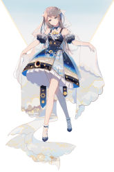 Rule 34 | 1girl, bare shoulders, blue bow, blue dress, blue footwear, blue sleeves, bow, brown eyes, brown hair, closed mouth, collarbone, crescent, detached collar, detached sleeves, dress, fre (haochilanzuo), frilled dress, frills, head tilt, highres, long hair, original, puffy short sleeves, puffy sleeves, see-through, shoes, short dress, short sleeves, sleeveless, sleeveless dress, solo, standing, very long hair
