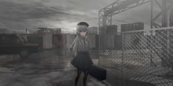 Rule 34 | 1girl, absurdres, beret, black hat, black pantyhose, black skirt, building, cat, chain-link fence, chihuri, closed mouth, cloud, cloudy sky, collared shirt, day, dress shirt, eve (chihuri), feet out of frame, fence, grey eyes, grey hair, grey skirt, hair between eyes, hat, heterochromia, highres, long hair, long sleeves, looking at viewer, original, outdoors, pantyhose, red eyes, shirt, skirt, sky, solo, standing, very long hair