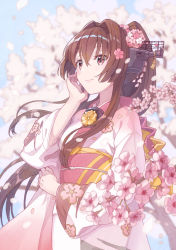 Rule 34 | 1girl, brown eyes, brown hair, cherry blossom print, cherry blossoms, closed mouth, floral print, flower, hair between eyes, hair flower, hair ornament, japanese clothes, kantai collection, kimono, long hair, long sleeves, mitsuyo (mituyo324), obi, petals, pink flower, pink kimono, ponytail, sash, smile, solo, tree, upper body, wide sleeves, yamato (kancolle)