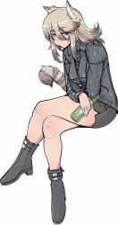 Rule 34 | 1girl, alcohol, animal ears, beer, beer bottle, blonde hair, blue eyes, brown hair, cb (c-board), crossed legs, highres, holding, invisible chair, jacket, leather, leather jacket, long hair, multicolored hair, original, short shorts, shorts, simple background, sitting, solo, tail, two-tone hair, white background