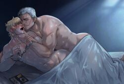 Rule 34 | 2boys, absurdres, anal, bara, bed, bisen (mirion ray), blonde hair, blush, bound, bound wrists, completely nude, covering with blanket, cuffs, grey hair, hand on another&#039;s chin, handcuffs, highres, large pectorals, looking at another, lying, male focus, male penetrated, male pubic hair, multiple boys, muscular, muscular male, navel, nude, on bed, on side, original, pectorals, pubic hair, restrained, sex, sex from behind, short hair, smile, yaoi