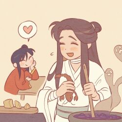 Rule 34 | 2boys, ^ ^, bad food, bandaged arm, bandaged neck, bandages, black hair, blush, brown hair, chinese clothes, closed eyes, cooking, cooking pot, food, gatan666, hair bun, heart, hua cheng, long hair, multiple boys, scorpion, side ponytail, simple background, sitting, smile, spoken heart, sweatdrop, table, tianguan cifu, wooden spoon, xie lian