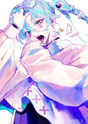 Rule 34 | 1girl, bandages, blue eyes, blue hair, choker, ear piercing, earrings, eyewear on head, fang, hair extensions, hair ornament, hairclip, hand up, hatsune miku, highres, hoop earrings, jacket, jewelry, long sleeves, looking at viewer, o-ring, o-ring choker, open mouth, piercing, purple skirt, sion001250, skirt, solo, sunglasses, tongue, tongue out, twintails, vocaloid