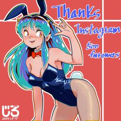 Rule 34 | 1girl, animal ears, black leotard, bow, bowtie, breasts, cleavage, collarbone, cone horns, covered navel, cowboy shot, detached collar, fake animal ears, fake tail, fishnet pantyhose, fishnets, green hair, highres, horns, jirohhb, leotard, long hair, lum, orange eyes, pantyhose, playboy bunny, rabbit ears, rabbit tail, red background, red bow, red bowtie, simple background, small breasts, small horns, solo, strapless, strapless leotard, tail, urusei yatsura, yellow horns