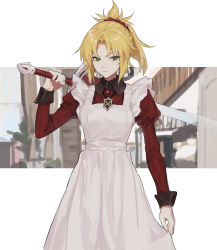 Rule 34 | 1girl, absurdres, alternate costume, apron, apron hold, apron tug, blonde hair, braid, clarent (fate), crimsonknigh t, dress, enmaided, fate/grand order, fate (series), french braid, frilled apron, frills, green eyes, hair ornament, hair scrunchie, high ponytail, highres, holding, holding weapon, long dress, long sleeves, maid, maid apron, mordred (fate), ponytail, puffy long sleeves, puffy sleeves, red dress, red scrunchie, scrunchie, sidelocks, solo, standing, sword, weapon, white apron