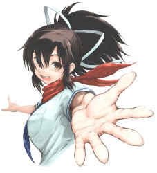 Rule 34 | 10s, 1girl, asuka (senran kagura), black hair, blush, breasts, breasts out, brown eyes, censored, fingerless gloves, gloves, hair ribbon, highres, large breasts, looking at viewer, nipples, open mouth, ponytail, red scarf, ribbon, scarf, senran kagura, short ponytail, short sleeves, smile, sweater vest, white ribbon