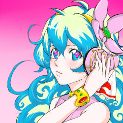 Rule 34 | 1girl, armlet, cross-shaped pupils, curly hair, flower, gradient background, hair flower, hair ornament, headphones, lowres, multicolored hair, nia teppelin, pink background, sisotaro, smile, solo, symbol-shaped pupils, tengen toppa gurren lagann, two-tone hair