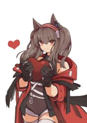 Rule 34 | 1girl, absurdres, angelina (arknights), angelina (distinguished visitor) (arknights), animal ears, arknights, black collar, black gloves, black leotard, brown hair, coat, collar, commentary, cowboy shot, earpiece, fox ears, gloves, hairband, heart, highres, holding, holding heart, if f, infection monitor (arknights), leotard, long hair, looking at viewer, official alternate costume, open clothes, open coat, red coat, red eyes, red hairband, simple background, sleeveless, smile, solo, split mouth, thighhighs, thighs, twintails, white background, zettai ryouiki
