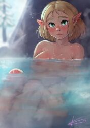Rule 34 | 1girl, blonde hair, blush, breasts, completely nude, eltonel, green eyes, highres, lips, looking at viewer, medium breasts, nintendo, nipples, nude, onsen, parted lips, partially submerged, photoshop (medium), pointy ears, princess zelda, short hair, signature, sitting, snow, solo, steam, the legend of zelda, the legend of zelda: breath of the wild, the legend of zelda: tears of the kingdom, thick eyebrows, tree, water, wet