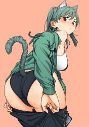 Rule 34 | 1girl, animal ear fluff, animal ears, ass, back, black panties, black pants, blush, breasts, cat ears, cat tail, closed mouth, clothing cutout, commentary, cowboy shot, from behind, green hair, green jacket, hair between eyes, jacket, kr ohoshisama, looking at viewer, looking back, medium breasts, medium hair, off shoulder, open clothes, open jacket, original, panties, pants, pink background, ponytail, red eyes, simple background, solo, sweat, sweatpants, tail, tail through clothes, underwear, undressing, unzipped