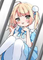 Rule 34 | 1girl, :3, ahoge, blonde hair, blue bow, blue bowtie, blue dress, blush, bow, bowtie, cage, commentary request, dress, food, frills, green eyes, grey background, hair ornament, head tilt, highres, holding, holding food, indie virtual youtuber, kiyo (yamazoe1122), looking at viewer, macaron, medium hair, open mouth, pantyhose, pom pom (clothes), pom pom hair ornament, puffy short sleeves, puffy sleeves, shigure ui (vtuber), shigure ui (vtuber) (young), short sleeves, sidelocks, smile, solo, squatting, twintails, virtual youtuber, white pantyhose