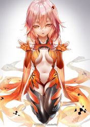 Rule 34 | 1girl, bare shoulders, breasts, cat&#039;s cradle, center opening, detached sleeves, fingerless gloves, gloves, guilty crown, hair ornament, hairclip, highres, impossible clothes, medium breasts, pink hair, red eyes, shiny clothes, shiny legwear, solo, twintails, yuzuriha inori, zasshu
