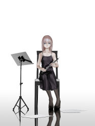 Rule 34 | 1girl, black dress, black footwear, black pantyhose, blue eyes, breasts, brown hair, chair, dress, full body, girls&#039; frontline, highres, instrument, long hair, looking at viewer, music stand, oboe, pantyhose, reflection, reflective floor, sheet music, simple background, sitting, sleeveless, sleeveless dress, small breasts, solo, st ar-15 (girls&#039; frontline), tacshojosora, white background