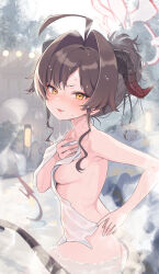 Rule 34 | 1girl, ahoge, aibon, ass, bathing, black horns, black tail, blue archive, blurry, blurry background, blush, breasts, brown hair, covering privates, demon horns, demon tail, fang, hair intakes, halo, highres, horns, kasumi (blue archive), long hair, looking at viewer, naked towel, nude cover, onsen, open mouth, red halo, short hair, sideboob, sidelocks, skin fang, small breasts, solo, steam, tail, towel, water, wet, white towel, yellow eyes