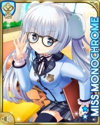 Rule 34 | 1girl, :o, black bow, blue eyes, blunt bangs, bow, card, character name, closed mouth, day, girlfriend (kari), grey skirt, indoors, jacket, miss monochrome, miss monochrome (character), official art, plaid, plaid skirt, qp:flapper, school uniform, shirt, skirt, solo, tagme, thighhighs, twintails, white footwear, white hair, white jacket, white shirt