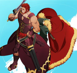 Rule 34 | 2boys, armor, beard, black eyes, black hair, bob cut, cape, facial hair, fate/zero, fate (series), from above, iskandar (fate), male focus, multiple boys, over shoulder, red eyes, red hair, sheath, size difference, sword, sword over shoulder, waver velvet, weapon, weapon over shoulder, yun (neo)