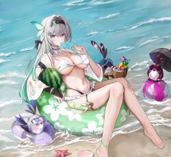 1girl absurdres bad_id bad_twitter_id bare_legs barefoot bikini black_bridal_gauntlets black_hairband breasts bridal_gauntlets coconut_cup collarbone commentary dana_(hapong07) firefly_(honkai:_star_rail) food food_in_mouth fruit grey_hair hairband highres holding holding_food holding_popsicle honkai:_star_rail honkai_(series) large_breasts long_hair looking_at_viewer navel ocean on_innertube origami_bird_(honkai:_star_rail) popsicle popsicle_in_mouth purple_eyes single_bridal_gauntlet solo stomach swimsuit swimsuit_cover-up watermelon wet white_bikini