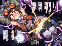 Rule 34 | 1girl, beam, borrowed character, braid, brown eyes, brown hair, cable, commentary, commentary request, female ejaculation through clothes, firing, funnels (gundam), glowing, goggles, goggles on head, laser, long braid, panties, restrained, sex machine, stationary restraints, sweat, tears, tomoshibi hidekazu, trembling, underwear, wide-eyed