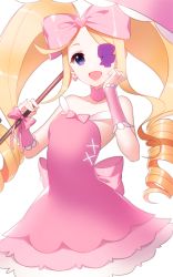 Rule 34 | 10s, 1girl, :d, aile (crossroads), big hair, blonde hair, blue eyes, bow, curly hair, dress, drill hair, eyepatch, hair bow, harime nui, kill la kill, long hair, open mouth, parasol, pink bow, pink dress, ribbon, smile, solo, strapless, strapless dress, twin drills, twintails, umbrella, white background, wrist cuffs