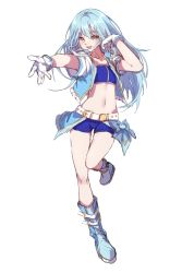 Rule 34 | 1girl, :d, belt, belt buckle, blue footwear, blue hair, blue jacket, blue shorts, buckle, collarbone, crop top, flat chest, floating hair, full body, gloves, hair between eyes, highres, jacket, long hair, midriff, navel, open clothes, open jacket, open mouth, overskirt, rimuru tempest, shiny skin, short shorts, short sleeves, shorts, simple background, sketch, smile, solo, standing, standing on one leg, stomach, straight hair, tensei shitara slime datta ken, thigh gap, white background, white belt, white gloves, yellow eyes, yilocity